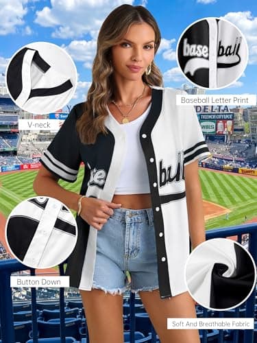 Baseball Shirt for Women Baseball Jersey Button Down V Neck T-Shirt Game Day Fans Graphic Short Sleeve Hawaiian Tee Tops Black - Thumbnail 6