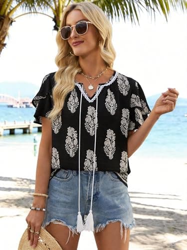 Bellcoco Womens Summer Boho Tops Short Sleeve Peplum Blouses V Neck Bohemian Shirt Tie Front Tunic Vacation Clothes Black X-Large - Thumbnail 2