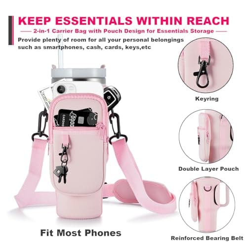 BULKITEM Water Bottle Carrier Bag with Phone Pocket for Pink Stanley 40 oz Tumbler with Handle, Neoprene Water Cup Holder Pouch with Strap for Valentines Stanley Cup Accessories - Thumbnail 3