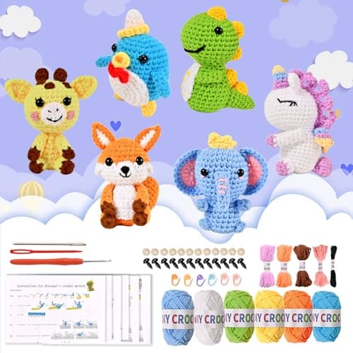 Wunila 6Pcs Crochet Kit for Beginners, DIY Craft for Adults, Great Gifts for Crochet Lovers, Crocheting Animals Kits with Step by Step Videos,Yarn,Crochet Hook,Birthday Gift, Holiday Gift