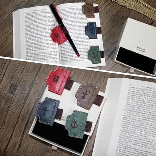 Buyborgood 4 Pcs Personalized Magnetic Leather Bookmark Pen Holder Book Lovers Christian Gifts Bygone Mark for Reading, Red-Bible + Coffee-Chi-Rho + Blue-Cross + Green-Anchor - Thumbnail 3