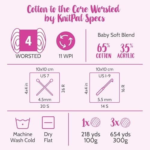 Cotton to The Core Worsted Weight Yarn for Crocheting, 3-Pack (654Yds / 300G), Free Patterns, Beginners Friendly - Soft Cotton Yarn for Knitting - #4 Medium Worsted Weight - Blue Winters - Thumbnail 4