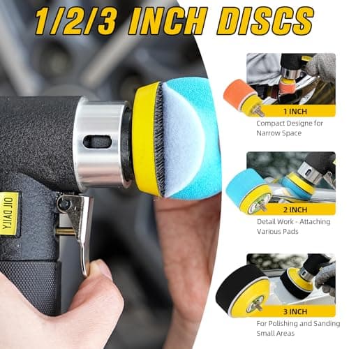 SI FANG 1'' 2'' 3'' Mini Random Orbital Air Sander Kit, High Speed Pneumatic DA Sanders Polisher for Auto Body Work, Includes 27Pcs 1/2/3in Polishing Sponge & Wool Pads, 15Pcs Sandpapers (Black) - Thumbnail 3