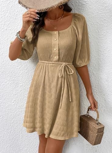 Dokotoo Dresses for Women 2026 Elegant Textured Tie Waist Button Backless Dress Short Lantern Sleeve Square-Neck Ruffle Summer Khaki Dress Plus Size A Line Dresses Small - Thumbnail 2