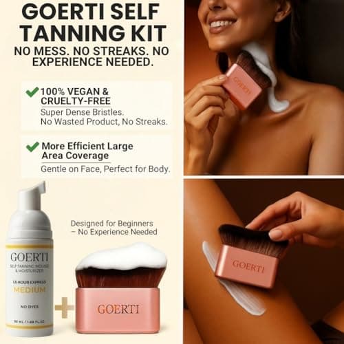 GOERTI Self Tanner Mousse & Tanning Brush Set – 1.5 Hour Express Sunless Tanner for Face & Body | Medium Shade, Long-Lasting & Natural Glow | Vegan DHA Formula, No Streaks, No Dyes, Gentle on Skin - Thumbnail 2