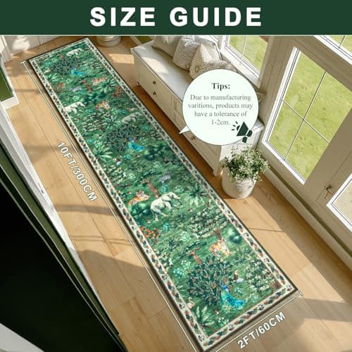 Yamaziot Hallway Runner Rug 2x10 – Jungle Animal Print Linen Rug with Non Slip Backing, Low Pile Washable Distressed Boho Carpet for Indoor Outdoor Rug, Kitchen, Bedroom, Entrance, Forest Green - Thumbnail 2