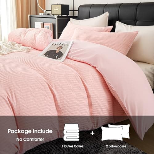 DCSKY Pink Duvet Cover Queen Size, 3pcs Washed Microfiber Bedding Set, Soft Breathable Rippled Duvet Cover Set with Zipper Closure for All Seasons - Thumbnail 2