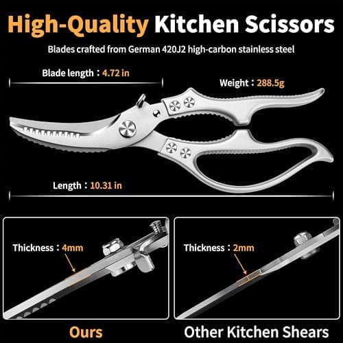 Poultry Shears, Kitchen Scissors for Food, All Purpose Heavy Duty for Chicken Wing/Thigh/Bone, Meat, Quail, Fish, Turkey, Vegetables, Stainless Steel Cooking Aid Scissors, Dishwasher Safe - Thumbnail 2