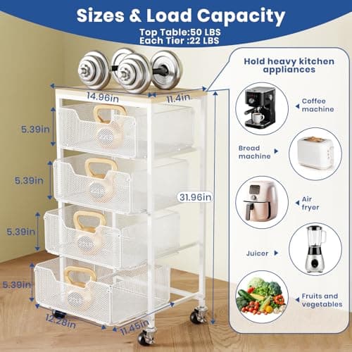 Goovilla Kitchen Cart with Drawers, 4 Tier Metal Rolling Utility Cart Organizer on Lockable Wheels with Wooden Top, White Fruit Vegetable Storage Rack Also for Cans, Snack, Craft, Art, Office, Beauty - Thumbnail 3