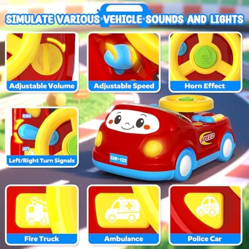 Toys for 1 Year Old Boy Gifts - 2-in-1 Toddler Push Car & Musical Racing Adventure Steering Wheel Driving Game, Interactive Simulated Driving Car for Baby 12-18 Months, Birthday Gift Ages 1-2,Dark Red - Thumbnail 5