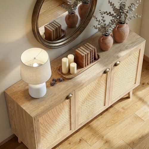 GREEN PARTY 47" Rattan Sideboard Buffet Cabinet with Storage, 3-Door Boho Coffee Bar Cabinet, Kitchen Storage Cabinet with Adjustable Shelves for Dining Room, Living Room, Entryway - Thumbnail 5