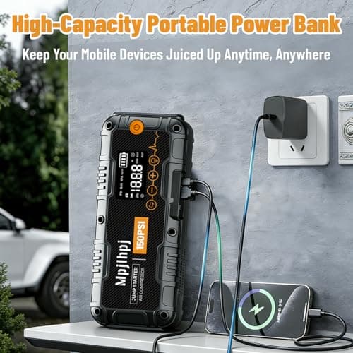 Jump Starter with Air Compressor, 4000A Portable Car Battery Jump Starter (10L Gas/8L Diesel), 12V Jump Pack with 150PSI Auto-Shutoff Tire Inflator, LED Light, Gloves & Car Emergency Kit - Thumbnail 5