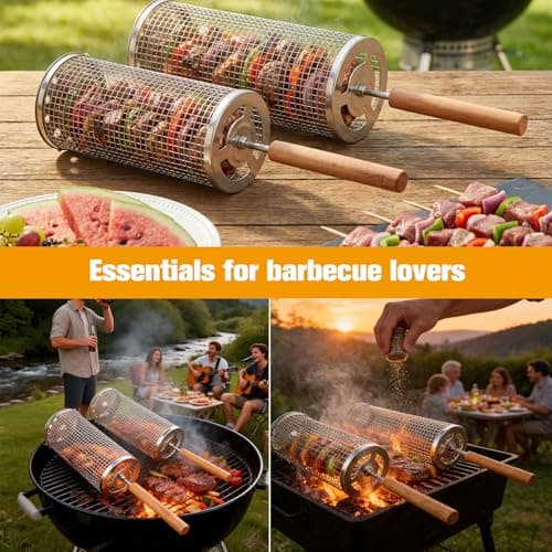 Rolling Grill Basket,7-Piece BBQ Set,Stainless Steel Grilling Basket with Lid and Removable Wooden Handle, BBQ Grill Accessories for Vegetables, Shrimp, Meat ,Outdoor Cooking Perfect Gifts for Men Dad Husband - Thumbnail 6