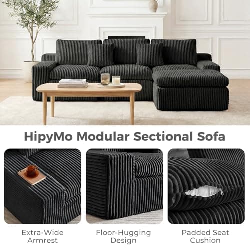 HipyMo 105” L-Shaped Cloud Sectional Couches for Living Room, 3 Seater Modular Sectional Sofa with Ottoman, Boneless Couch with Deep Seats and Comfy Corduroy Cloud Sofa for Apartment, Black - Thumbnail 3
