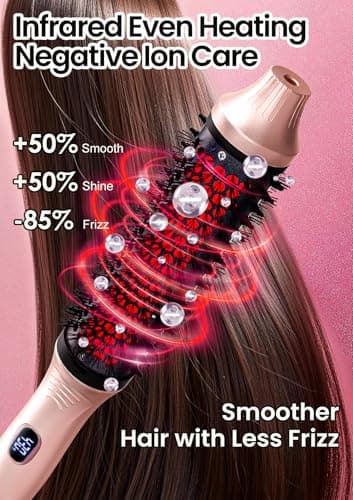 Infrared Thermal Brush 1.65”, 100M Negative Ions 2-in-1 Curling, Straightening & Smoothing Round Brush, 6 Heat Settings with LED Display, Lightweight Quiet, Dual Voltage, Auto Shut-Off, Pink Gift Box - Thumbnail 2