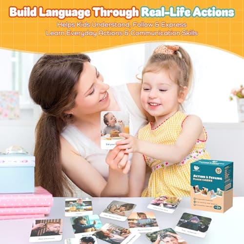 Actions Flash Cards for Kids (Ages 3-7), 50 Real-Life Photo Cards for Speech & Language Development, Based on Total Physical Response (TPR) Learning Approach, Support Daily Feelings - Thumbnail 2