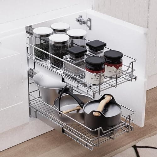 2 Tier Pull Out Cabinet Organizer 14" W X 22" D, Slide Out Drawers For Kitchen Cabinets, Pull Out Drawers For Cabinets Capacity Heavy Duty Caddy, Cabinet Pullout Shelves Chrome-Plated,Bathroom Pantry - Thumbnail 6