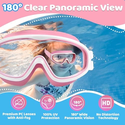 Vvinca Kids Goggles with Comfort Fabric Strap, Kids Swim Goggles Wide View Anti-Fog/UV No Leaking Swimming Goggles for 3-14 - Thumbnail 4