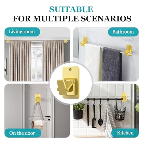 Adhesive No Drill Curtain Rod Brackets - Heavy Duty 30LB Holders for Bathroom Bedroom Kitchen, Universal Damage-Free Window Rod Hooks with Nail-Free Installation (4PC Gold) - Thumbnail 6