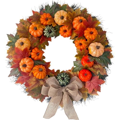 HipTree 20 Inch Fall Wreath for Front Door, Rustic Farmhouse Artificial Wreath with Plastic Pumpkins Maple Leaves Burlap Bow, Halloween Thanksgiving Harvest Decor for Porch Wall Indoor Outdoor - Image 1