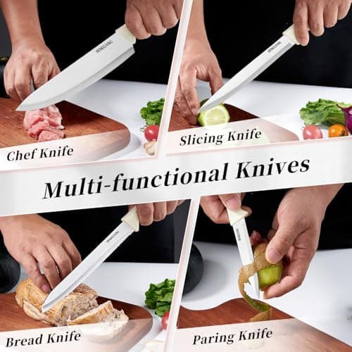 HENKELIVING Knife Set, 6-Piece Kitchen Knife Set, German High Carbon Stainless Steel, Durable & Easy Clean Knife Block, Cream - Thumbnail 4