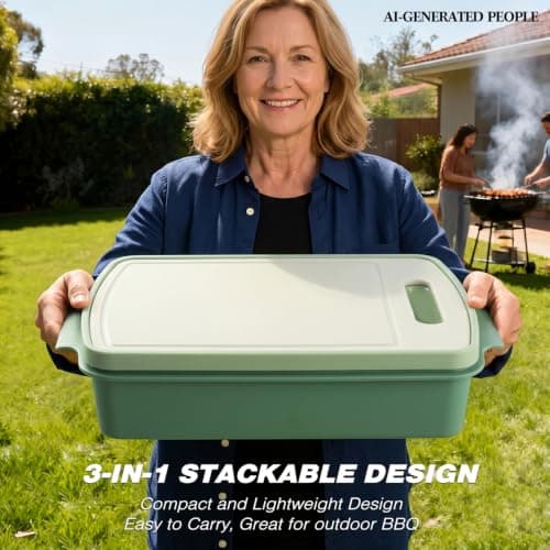 Sunmei Grill Prep and Serving Trays, 3-in-1 Stackable BBQ Food Tray, 5PCS BBQ Serving Set with Marinating Container, Serving Platter, Cutting Board and 2PCS Colored 12-Inch Grill Tongs (Green) - Thumbnail 6