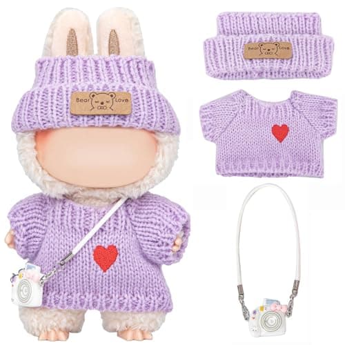 Doll Clothes for Labubu 17cm – 3-Piece Knit Doll Outfit Set (Sweater + Hat + Camera), Machine Washable Soft Yarn, Gift Box, Cute Doll Accessories for Labubu (No Doll)