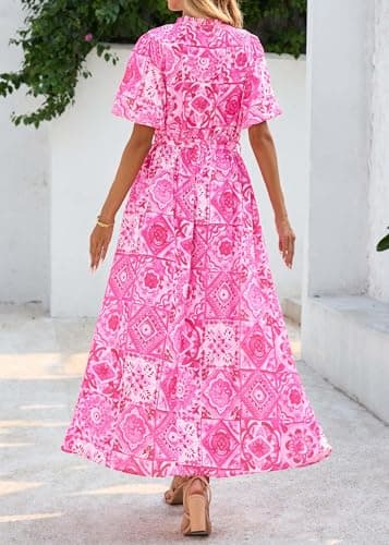 KIRUNDO Women Spring Summer Wedding Guest Boho Floral Maxi Dress Puff Sleeve Button Shirt V Neck Flowy Beach Vacation Dress(Rose Red, Medium) - Thumbnail 2