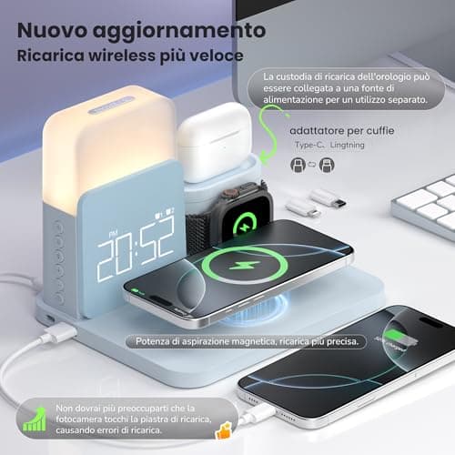 Alarm Clock Charging Station for Bedrooms, 7 in 1 Wireless Charging Station, Magnetic Charger with Night Light Bedside Clock for iPhone 17 16 15 14 13 12 Pro Max, Apple Watch, AirPods (Blue) - Thumbnail 2