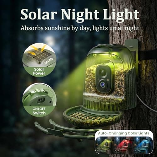 HIXX Smart Bird Feeder with 4MP Camera – Auto Capture Video, AI Bird Identification, Large Capacity & Seed Guard, Solar Powered Night Light, Live Birdwatching Camera for Lovers, Family & Friends - Thumbnail 2