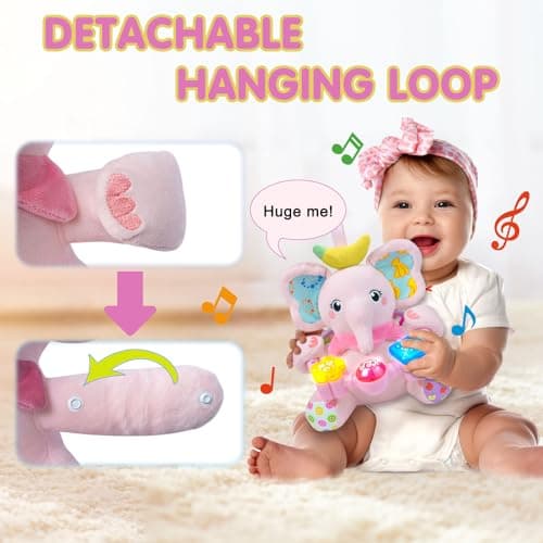 Ryotagift Baby Bilingual Musical Elephant Stuffed Animals Toys, Infant Early Learning Toy with Light-Up Music & Crinkle, Tummy Time Toys for 0 3 6 9 12+ Months for Baby Boy Girl Gift, Pink - Thumbnail 3
