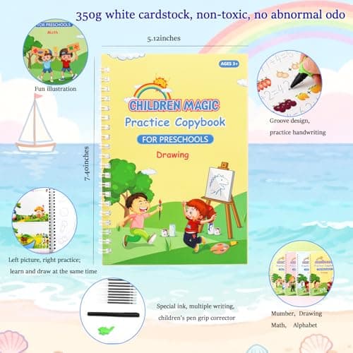 Magical Handwriting Workbooks Handwriting Practice Magic Copybook, Handwriting Aid Magic Pen Reusable Copybook Grooves Template Design for Children(4 Books, 10 Pens & 1 Pencil Grip) - Thumbnail 5