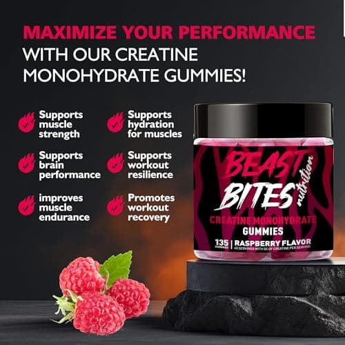 BEAST BITES Nutrition Creatine Monohydrate Gummies for Men & Women - 5g of Creatine Monohydrate per Serving - Sugar Free,Vegan, Raspberry Flavor, 135 Count (45 Servings). - Thumbnail 2