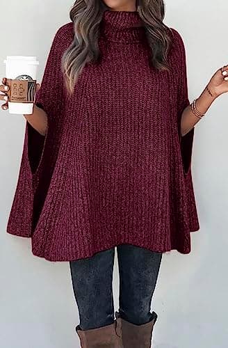 KIRUNDO Women's 2026 Fall Winter Turtleneck Poncho Sweater Fashion Chunky Knit Cape Wrap Sweaters Pullover Jumper Tops(Dark Purple Red, Medium) - Thumbnail 6
