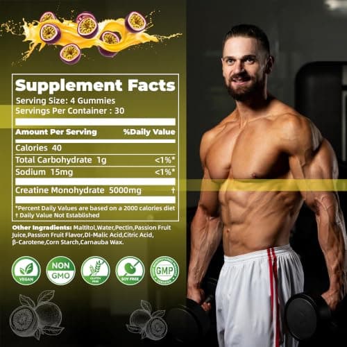 Nutravita NSF Certified Creatine Gummy - Creatine Monohydrate Gummies for Men & Women-5g of Creatine Monohydrate per Serving - Sugar Free,Vegan, Passion Fruit Flavor, 120 Count - Thumbnail 2