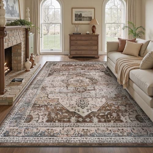 9x12 Area Rugs for Living Room Rug Brown Large Bedroom Rug Carpet Washable Neutral Vintage Dining Room Rugs for Under Table Soft Comfortable Non Slip - Image 1