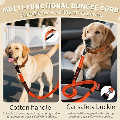 Heavy Duty Tactical Dog Leash, 4-6FT Shock Absorbing Bungee Leash with 2 Padded Handles, Metal Carabiner Clip, Car Seatbelt, Reflective leashes for Large Breed Dogs Medium Dog (Orange) - Thumbnail 4
