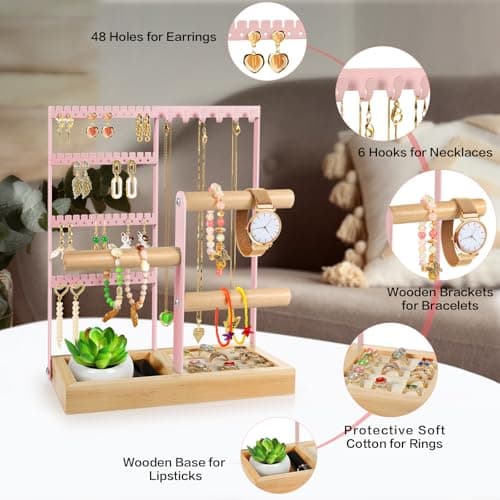 Godboat Jewelry Organizer - Earring Holder with 48 Holes, 6 Hooks Necklace Organizer, Bracelet and Ring Stand with Jewelry Box, Mothers Day Gifts for Women, Mom, Preppy Stuff & Room Decor, Pink - Thumbnail 5