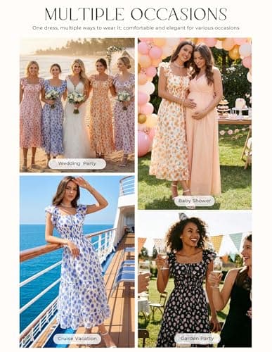 GRACE KARIN 2026 Women's Spring Floral Midi Dress Beach Wedding Guest Dresses Flowy A Line Casual Summer Clothes Blue Floral XL - Thumbnail 3