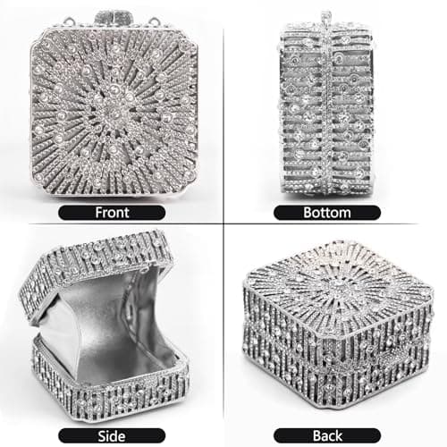 YONATUTRO Luxury Silver Rhinestone Clutch Purse for Women - Mini Evening Bag with Detachable Chain for Wedding Formal Party Prom - Thumbnail 4