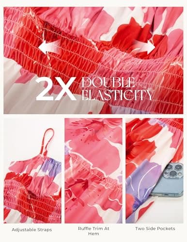 GRACE KARIN Women's Floral Print Smocked Dresses Spaghetti Strap Square Neck Ruffle Boho Tiered Lone Maxi Dress Red Floral M - Thumbnail 5