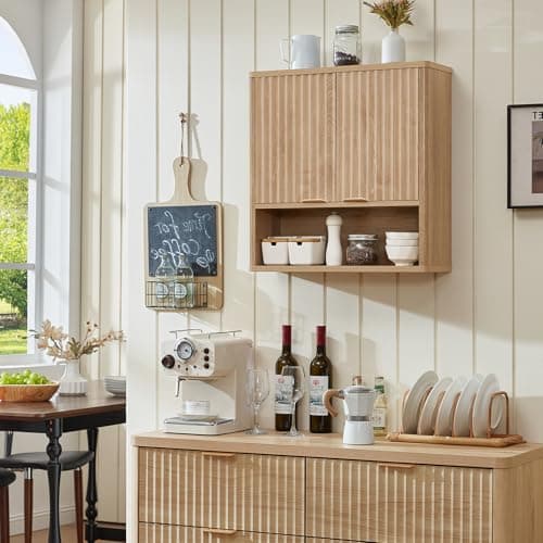LEYAOYAO Fluted Bathroom Wall Cabinet, Wall-Mounted Medicine Cabinet with Adjustable Shelf & Doors, Farmhouse Floating Over the Toilet Storage Cabinets for Laundry Room, Kitchen, Living Room (Natural) - Thumbnail 6