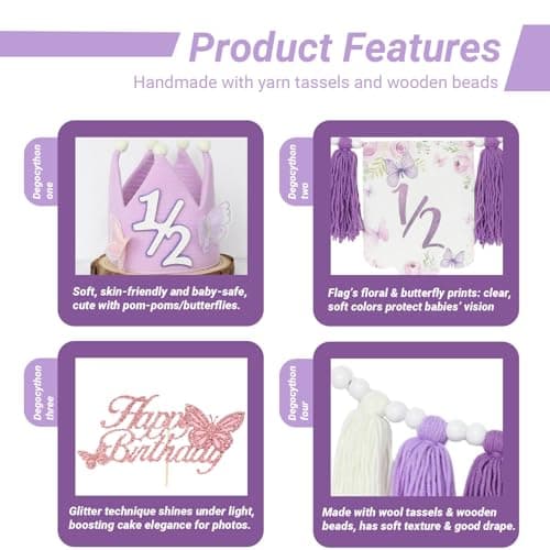 Purple Handmade Half Birthday Decorations, 6 Month Party Set with High Chair Banner, Hat & Cake Topper, Half Way to One Baby Girl Decorations Party for 1/2 Birthday Girl Photoshoot Props - Thumbnail 3