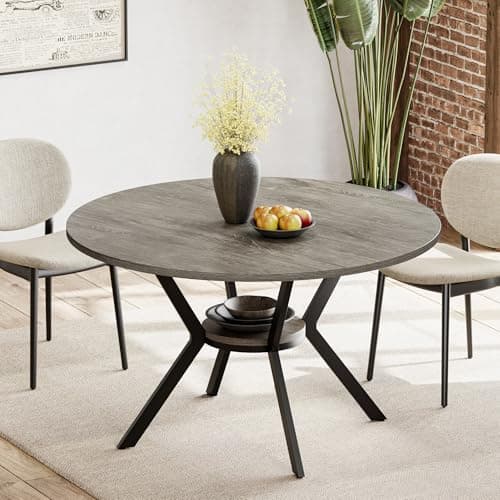 Round Dinner Table for 2-4, 42 Inch Kitchen & Dining Room Table with Storage, Wooden Circle Dining Table, Mid Century Modern Dining Table with Metal Legs for Kitchen, Living Room, Dining Room, Grey - Image 1