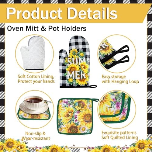 Vetoxka 8 PCS Bee Sunflower Kitchen Decor and Accessories - Bright Summer 4 Dish Towels, 2 Plaid Oven Mitts and Pot Holders Sets for Home Decoration Farmhome Cook Bake Mom Daughter Housewarming Gifts - Thumbnail 5
