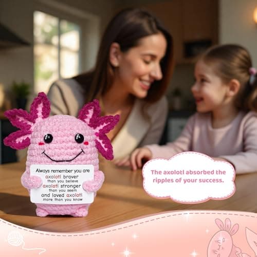 Roqei Mini Crochet Axolotl with Positive Message Card Handmade Motivational Gift for Women Men Teen Birthday Valentines Gifts, Easter Basket Stuffers(Love) - Thumbnail 4