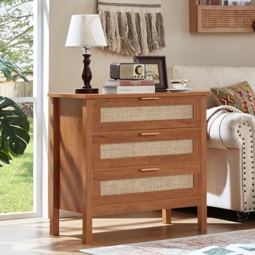 LEYAOYAO 31.5" Wide Rattan Nightstand, Large Boho 3 Drawer Night Stand, Tea Brown Bedside Table with Storage, Tall Bed Side End Tables, Chest of Drawers Dressers for Bedroom, Living Room, Hallway - Thumbnail 6