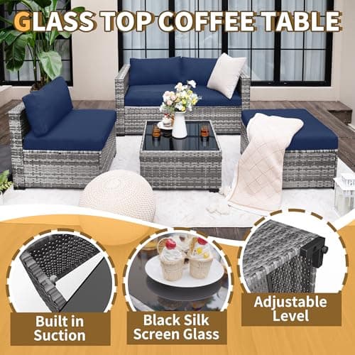 UDPATIO 5 Piece Patio Furniture Set, All-Weather Wicker Outdoor Sectional Sofa, L Shaped Outdoor Conversation Couch with Ottoman, Glass Table for Balcony Porch Backyard, Blue - Thumbnail 5