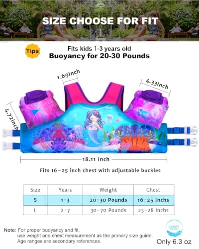 AEOCOO Puddle Float Jumper 20-30-50 Pounds, Toddler Swim Vest for 1-3-5 Years Old, Pool Floats with Swimming Arm Floaties Swim Jacket with Water Wings for Kids Swimmies, Boys, Girls, Niños, Mermaid - Thumbnail 2