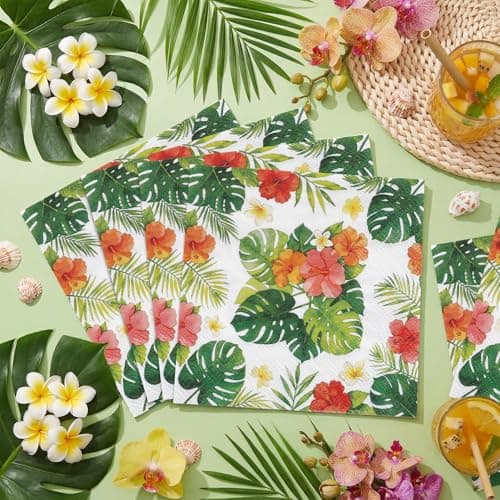 NatNarr 100pcs Hawaiian Napkins, 2-Ply Tropical Paper Napkins Disposable Luau Hibiscus Floral Cocktail Napkin for Aloha Birthday Decorations, Summer BBQ, Pool and Beach Party, 5 Inch - Thumbnail 3